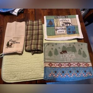 7 pc Rustic Lodge Kitchen Towels Set and dish drying mat & hot pad